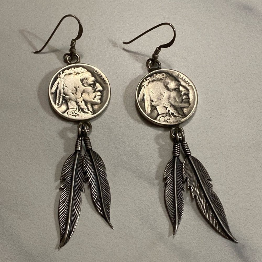 Authentic Native American‎ southwestern buffalo nickel feather earrings 925